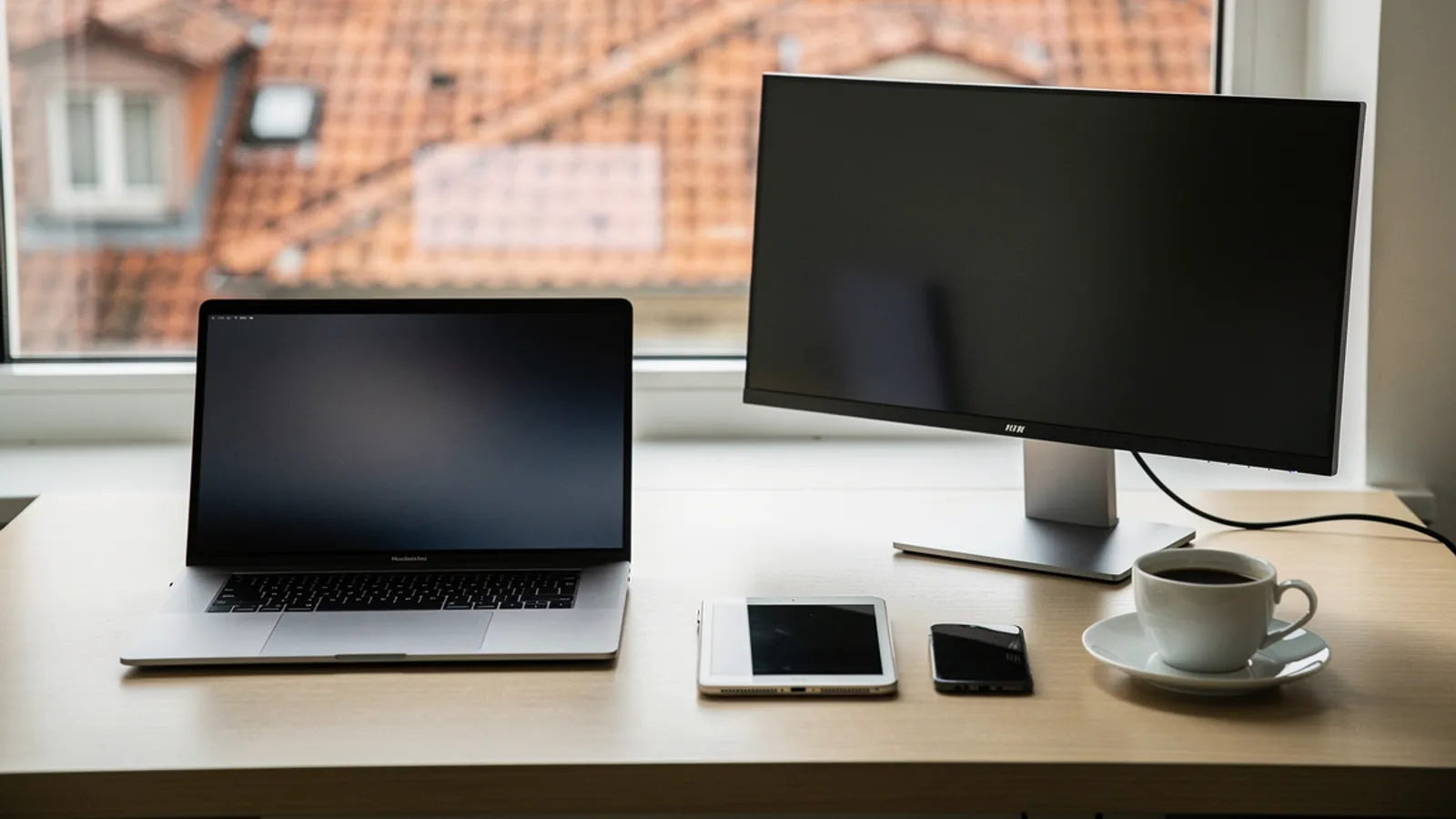 A newsroom desk by a window